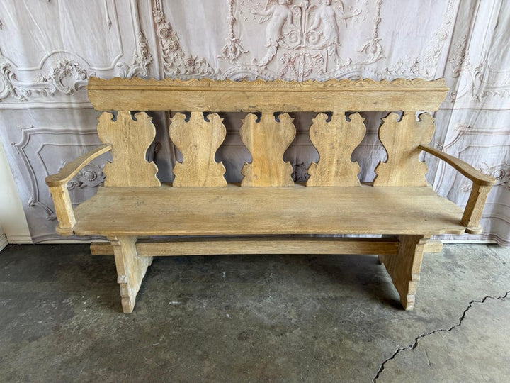 Rustic Hand-Carved Oak Benches, Pair, Folk Art / Spanish Colonial Style