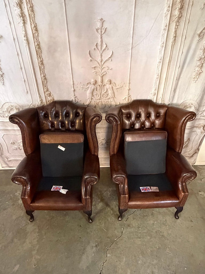 Pair of Vintage English Tufted Leather Wingback Armchairs