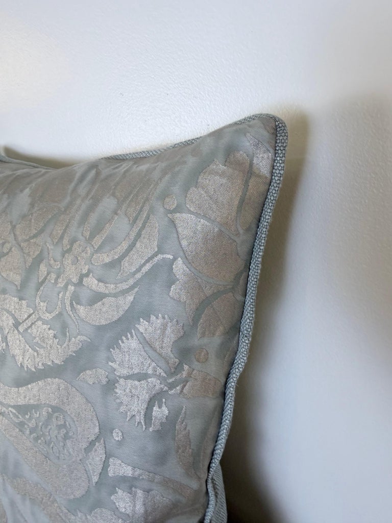 Fortuny Cotton Damask Throw Pillows, Venetian Floral Motif, Aqua & Silver Pair