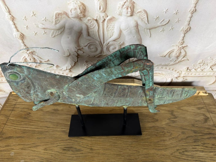 Vintage Verdigris Copper Grasshopper Sculpture