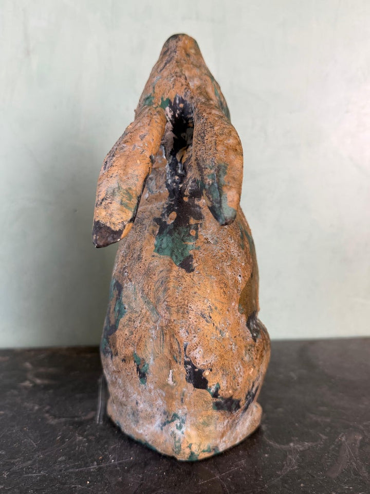 Pair of Weathered Cast Iron Rabbit Garden Sculptures with Verdigris Patina