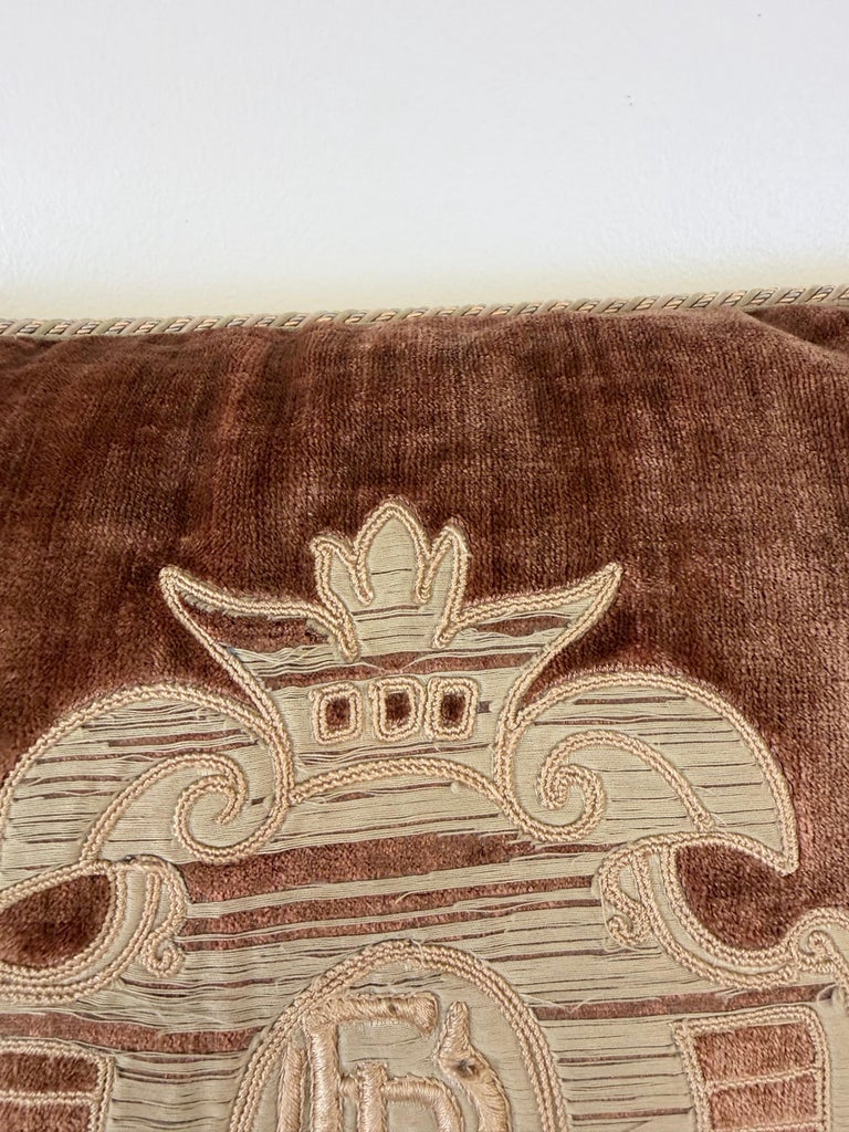 French Neoclassical-Style Embroidered monogram Velvet Lumbar Pillow