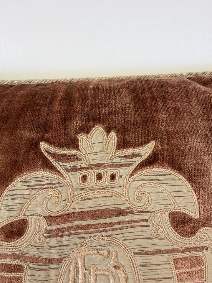 French Neoclassical-Style Embroidered monogram Velvet Lumbar Pillow