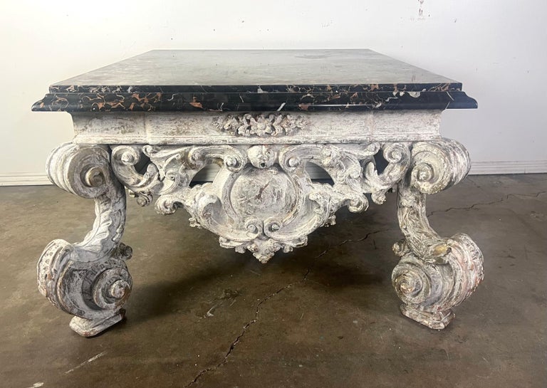 Monumental Painted Rococo Style Coffee Table w/ Marble Top