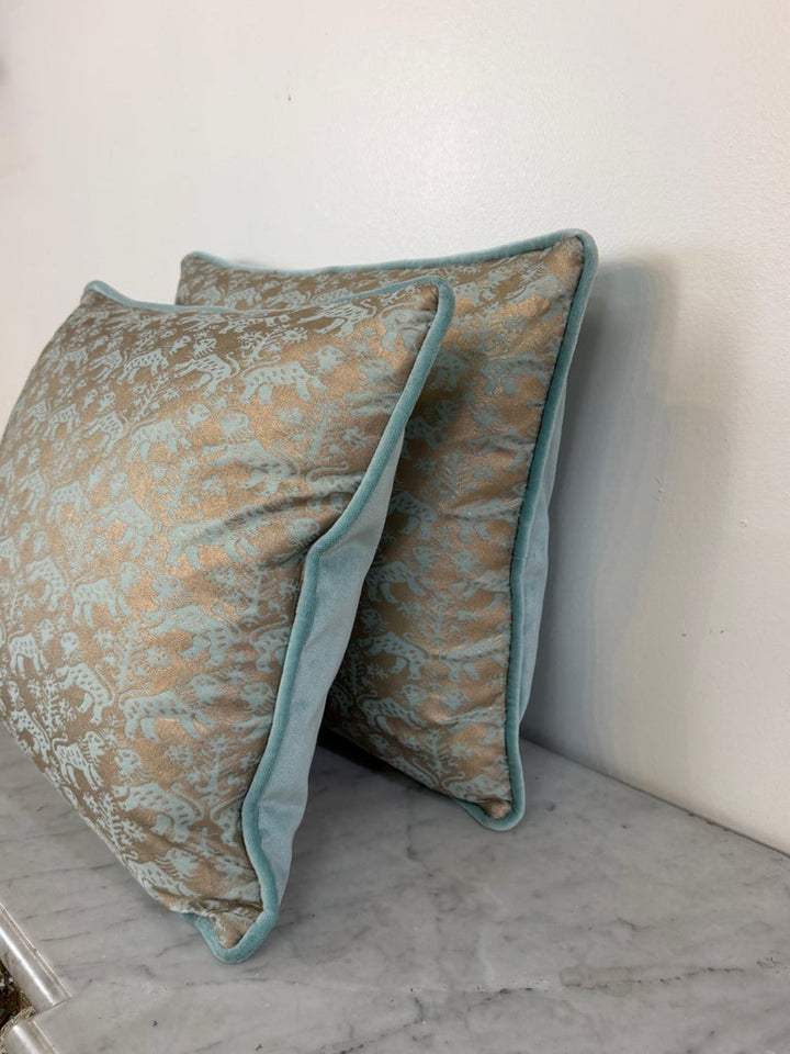 Pair of Richelieu Lions in Aquamarine and Gold Velvet Fortuny Pillows