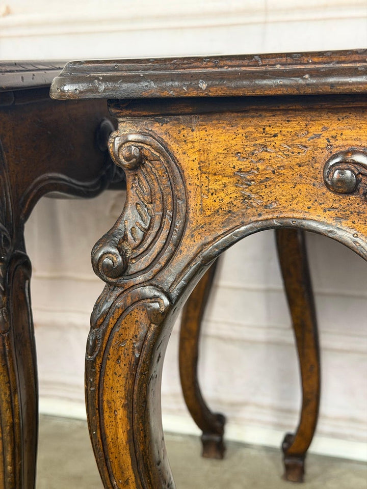 Pair of Louis XV Side Tables, Burl Walnut, Hand-Carved, Circa 1920s