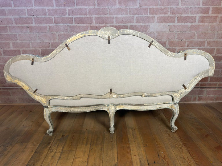 French Louis XV Corbeille Settee with Original Distressed Patina and Shell Crest