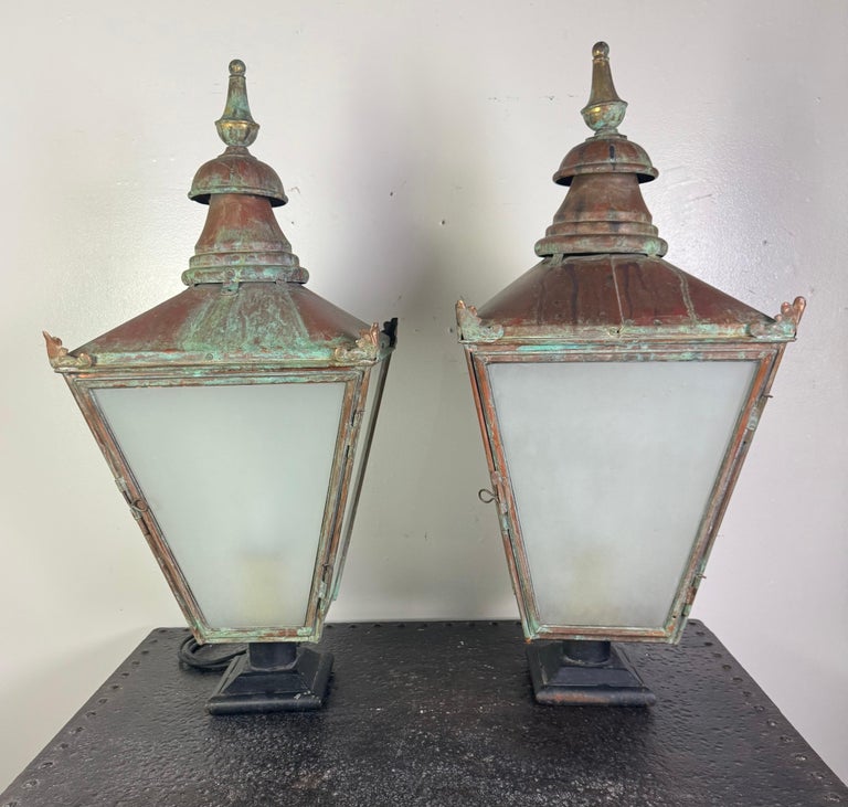 Pair of Monumental Antique Copper Street Lanterns with Verdigris Patina