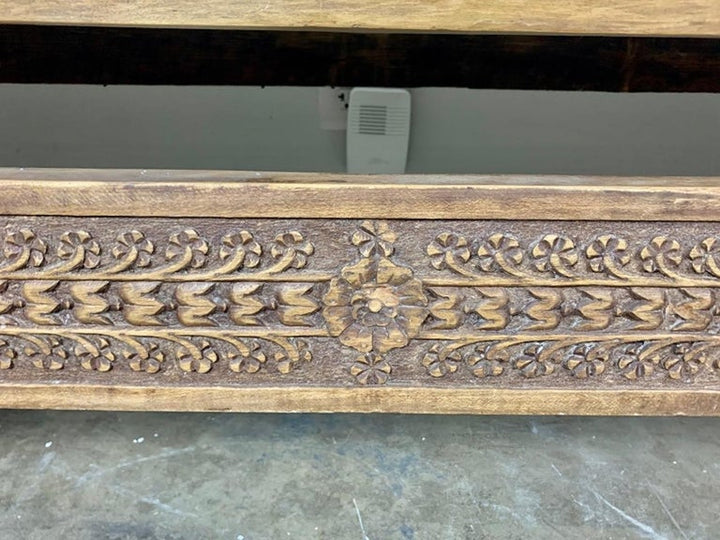Monumental Spanish Carved Wood Bench with Linen Upholstery