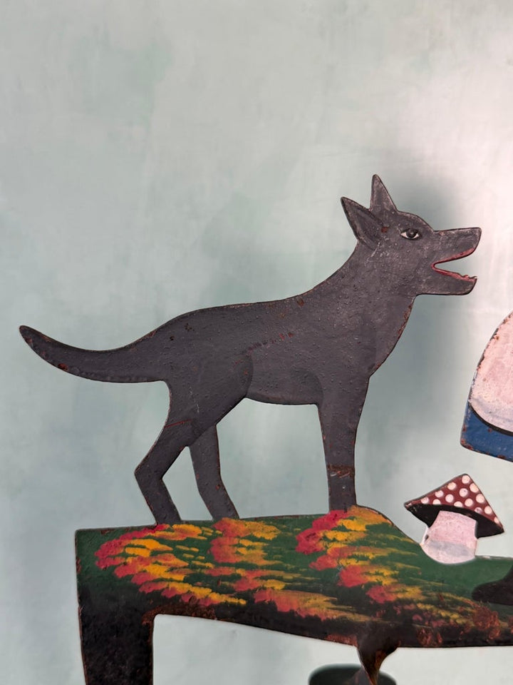 Vintage Folk Art Little Red Riding Hood and Wolf Balancing Sculpture