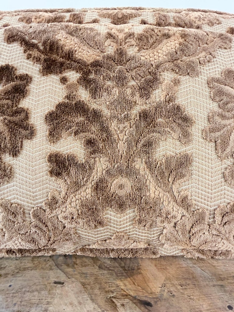 Pair of Cut Velvet Lumbar Pillows, Taupe-Brown Damask, Antique Style