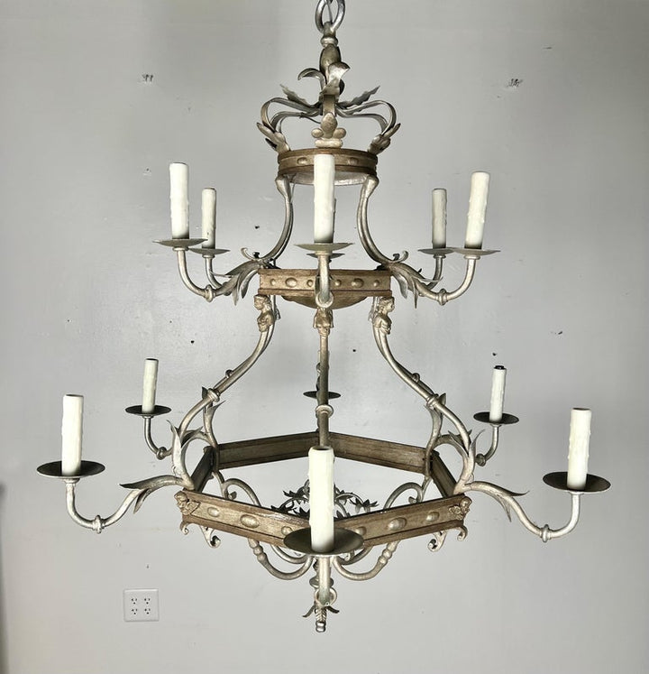 Monumental Two-Tiered 12-Light Silvered Chandelier w/ Crown