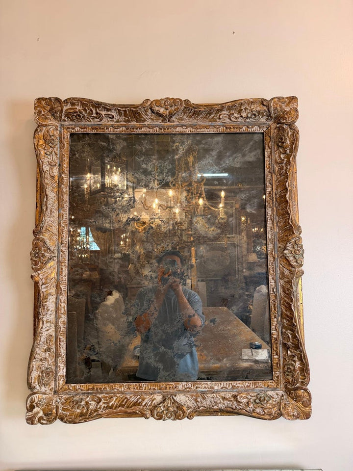 19th Century Spanish Baroque Carved Giltwood Mirror with Original Mercury Glass