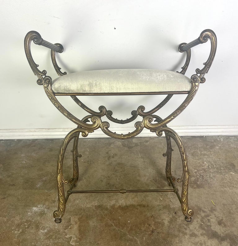 Brass Scrolled Velvet Upholstered Vanity Bench