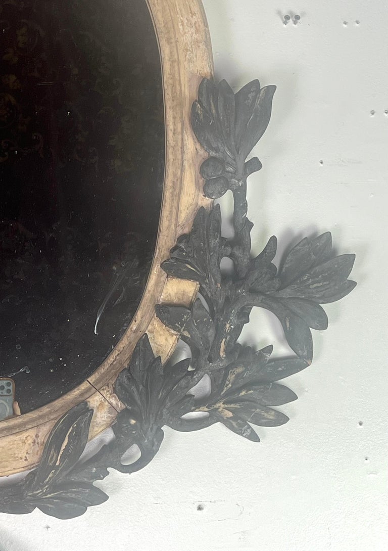 French Painted Oval Shaped Mirror w/ Ribbon & Leaves C. 1900