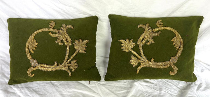 Pair of Metallic Applique Olive Green Pillows by MLA