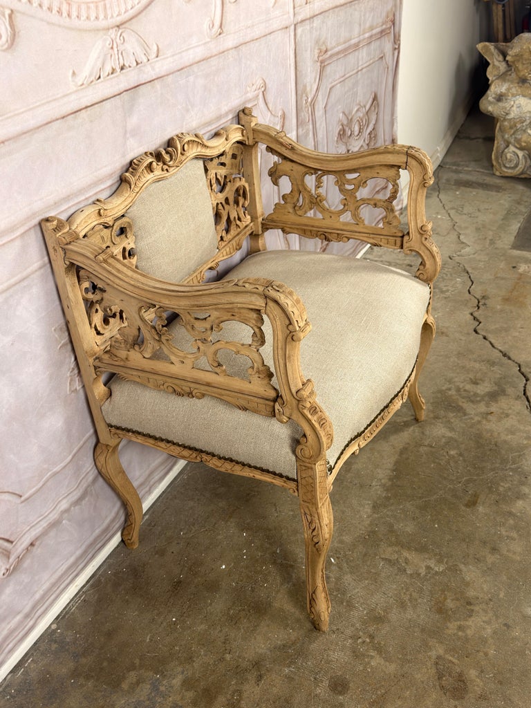 Antique Venetian Rococo Pierced Bench Settee- Hand Carved Bleached Walnut