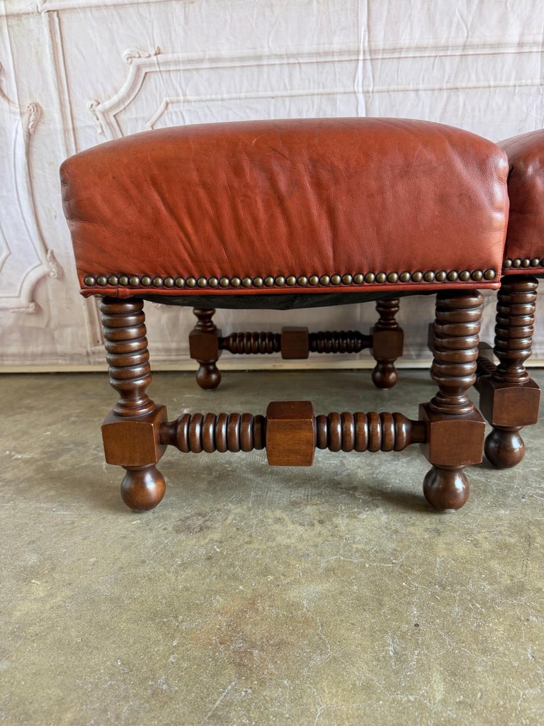 Spanish Colonial Revival Leather Benches with Antique Brass Trim, 1960