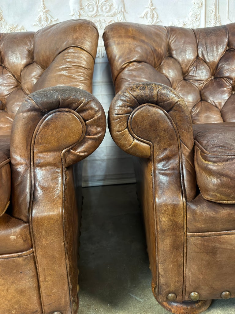 Pair of English Library Club Chairs in Hand-Finished Cognac Leather