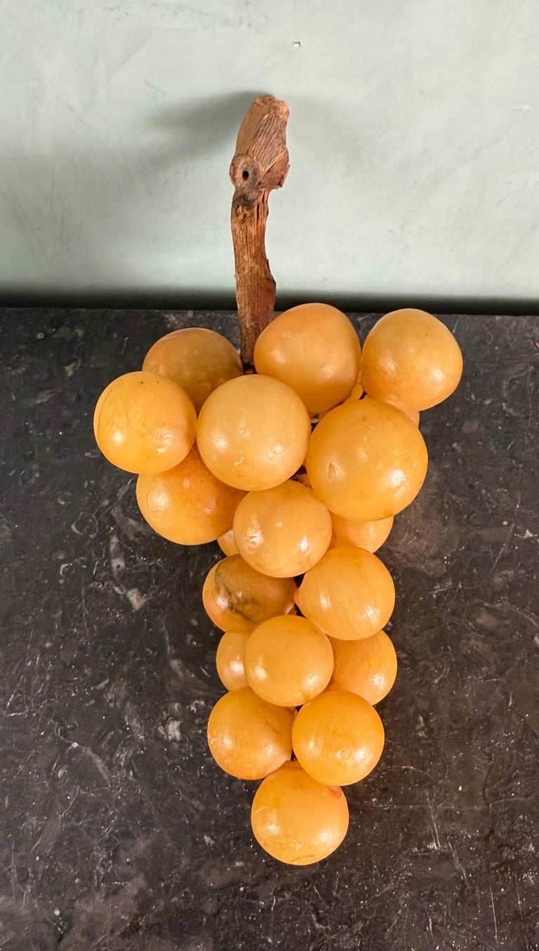 Vintage Carved Alabaster Grapes on Natural Wood Stem