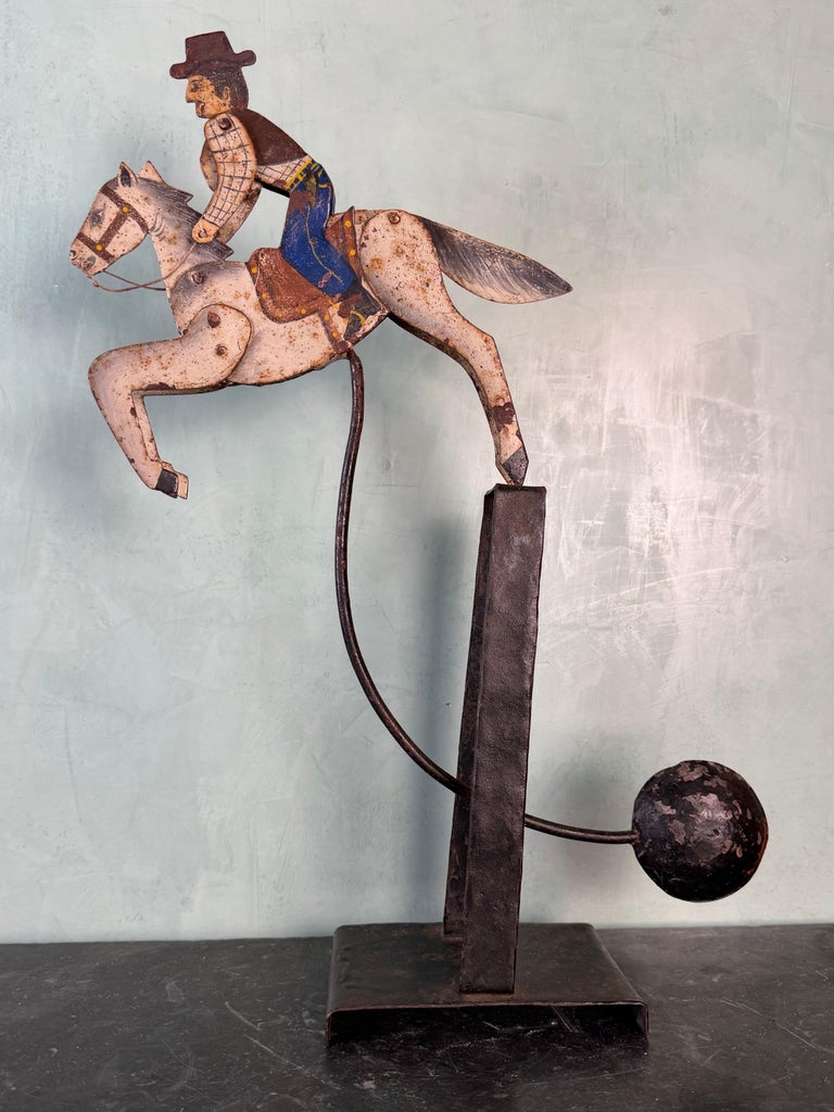 Vintage Folk Art Cowboy on Horse Balancing Sculpture