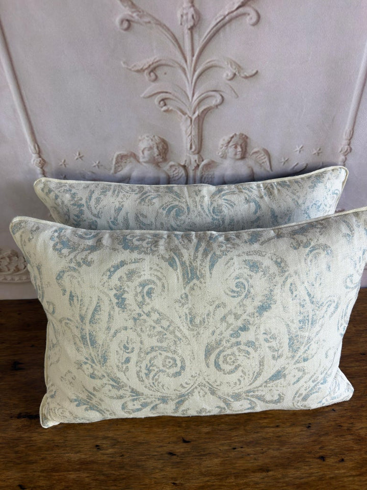 Pair of Custom Printed Linen Lumbar Pillows in Faded Aqua Baroque Damask
