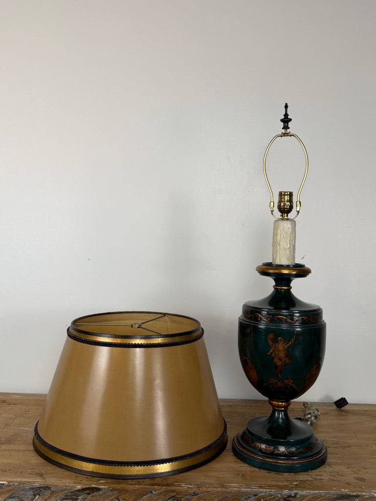 Italian Neoclassical Tole Urn Table Lamp Hand Painted Original Parchment Shade