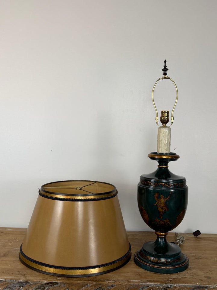 Italian Neoclassical Tole Urn Table Lamp Hand Painted Original Parchment Shade