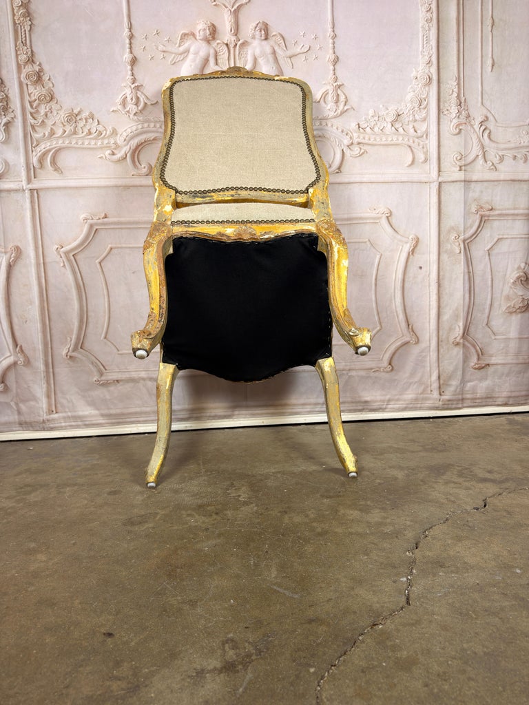 Set of 14 French Louis XV Style Gilt Dining Chairs with Linen Upholstery