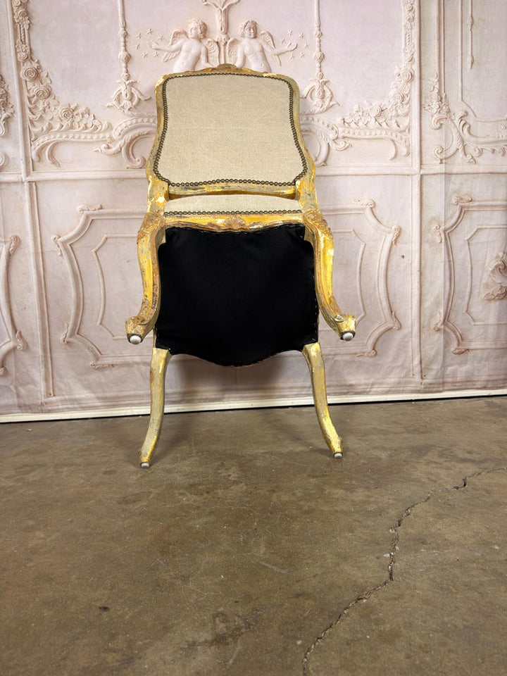 Set of 14 French Louis XV Style Gilt Dining Chairs with Linen Upholstery