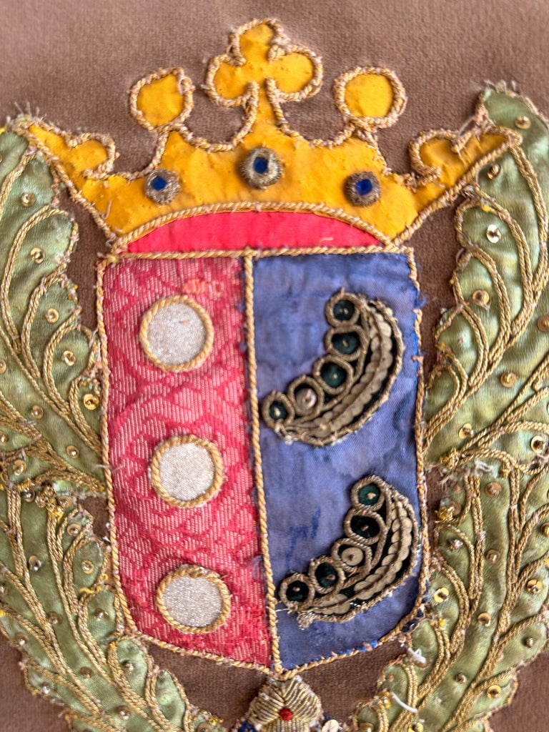 Pair of Velvet Pillows with 19th Century Metallic & Silk Embroidered Crests