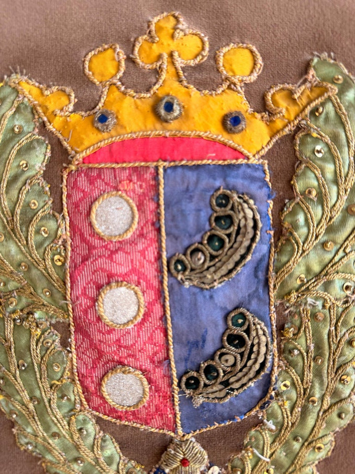 Pair of Velvet Pillows with 19th Century Metallic & Silk Embroidered Crests