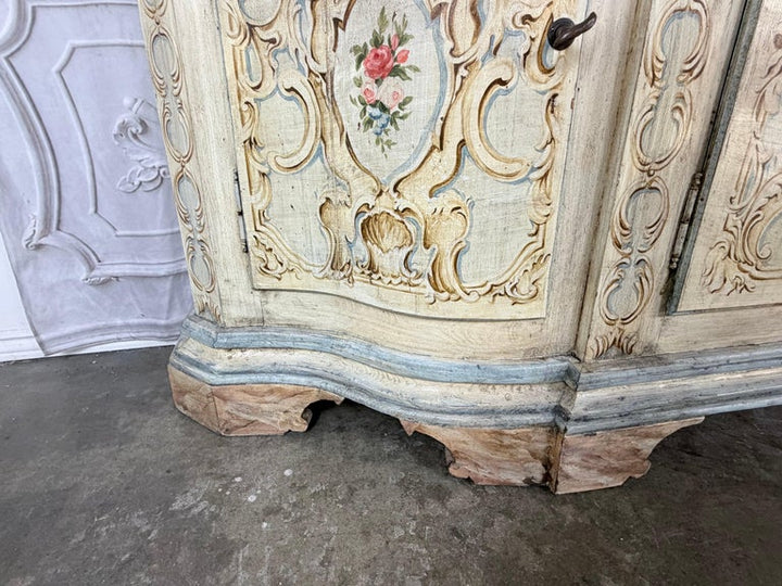 Italian Rococo Painted Serpentine Credenza with Floral Cartouches