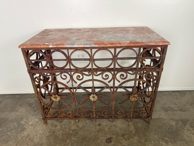 Pair of Italian Wrought Iron Consoles with Rosso Verona Marble Tops