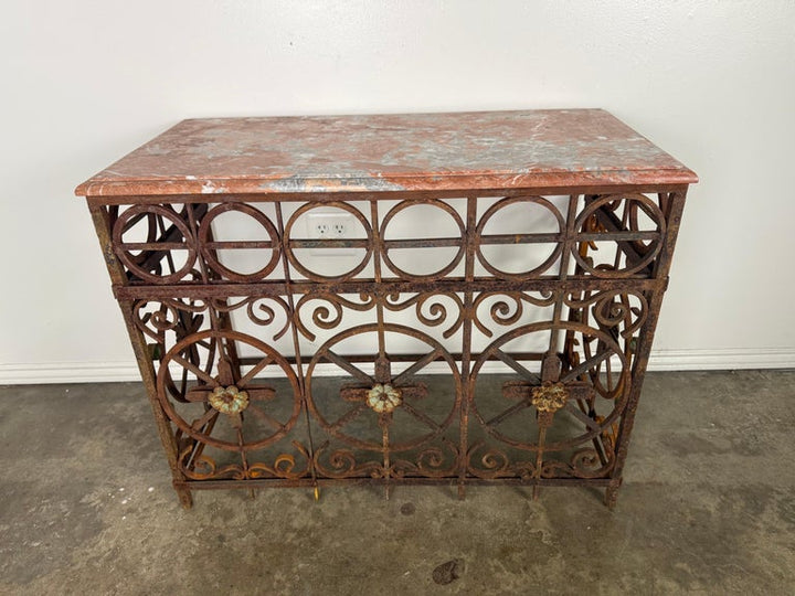 Pair of Italian Wrought Iron Consoles with Rosso Verona Marble Tops