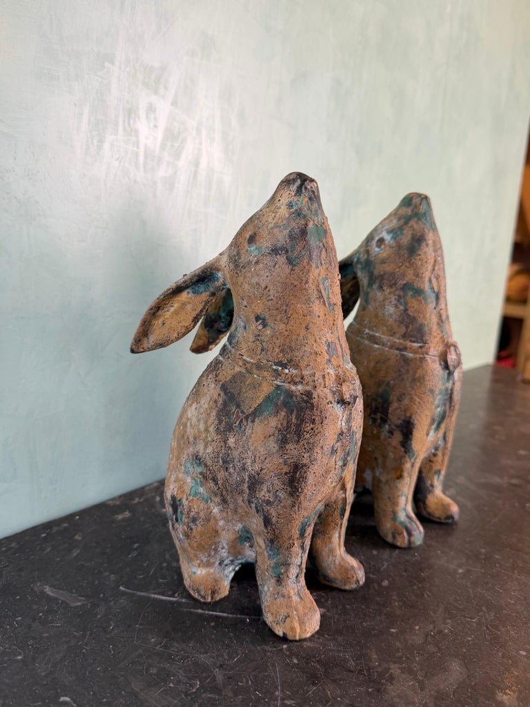 Pair of Weathered Cast Iron Rabbit Garden Sculptures with Verdigris Patina