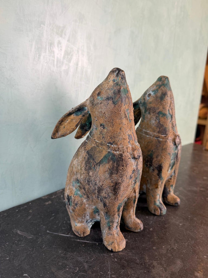 Pair of Weathered Cast Iron Rabbit Garden Sculptures with Verdigris Patina