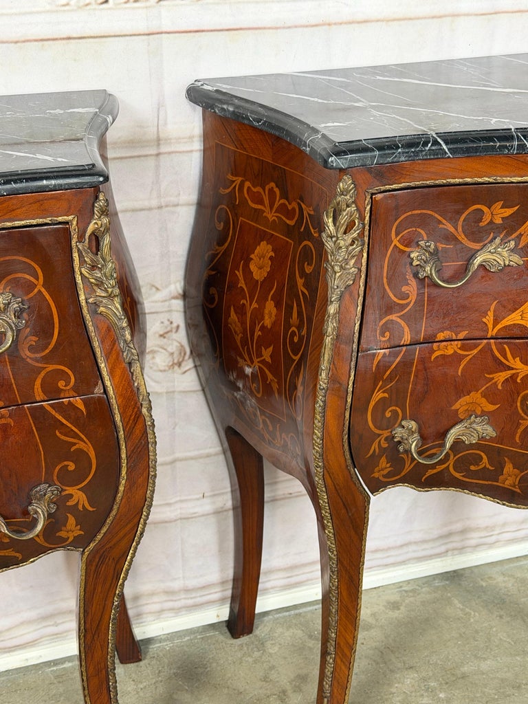 Pair of French Louis XV Style Bombe Nightstands - with Marble Tops