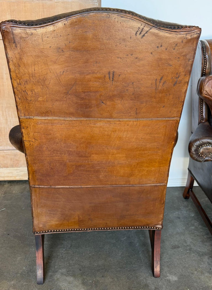 Pair of English Georgian Style Wingback Armchairs - Distressed Brown leather
