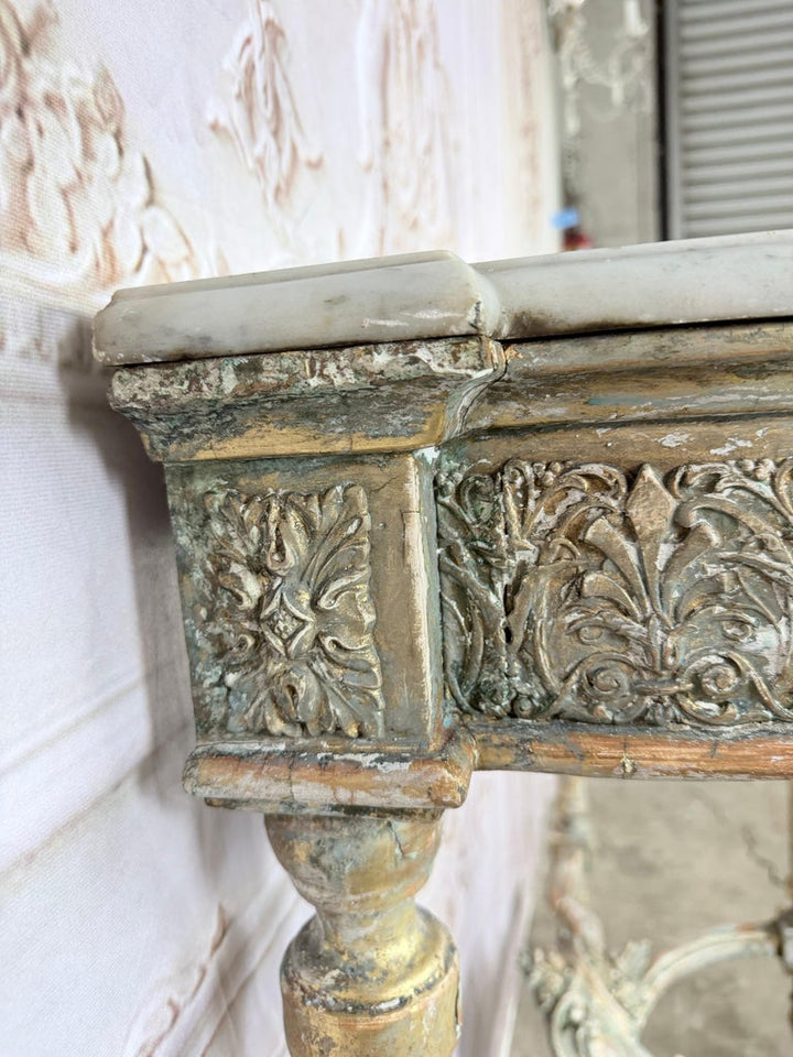 French Louis XVI Painted Gesso & Giltwood Console Table with Shaped Marble Top
