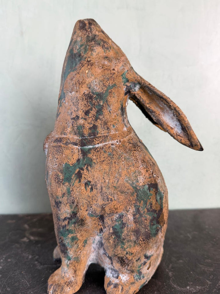 Pair of Weathered Cast Iron Rabbit Garden Sculptures with Verdigris Patina