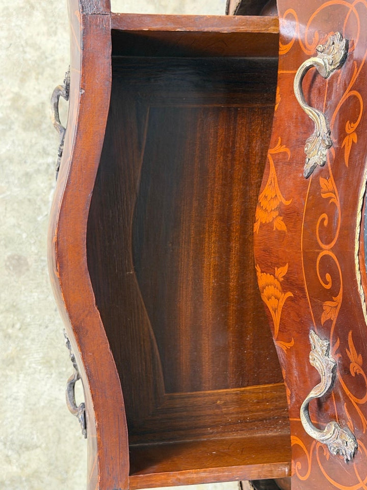 Pair of French Louis XV Style Bombe Nightstands - with Marble Tops