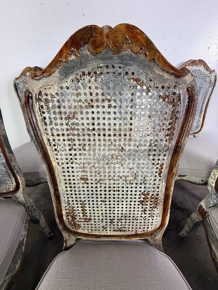 Set of 8 Distressed French Louis XV Style Dining Chairs with Cane Backs