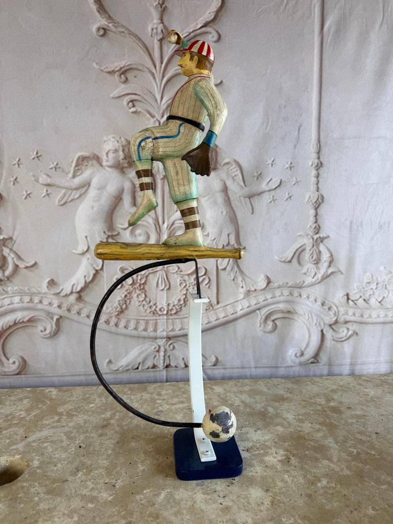 Vintage Folk Art Balancing Baseball Player Kinetic Sculpture