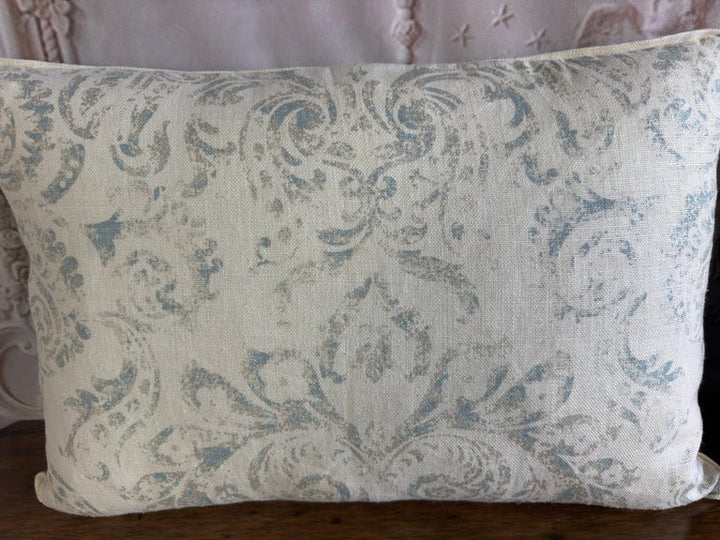 Pair of Custom Printed Linen Lumbar Pillows in Faded Aqua Baroque Damask