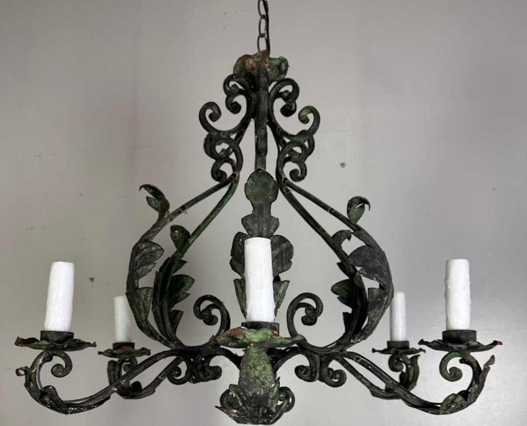 Pair of Spanish Six-Light Wrought Iron Chandeliers