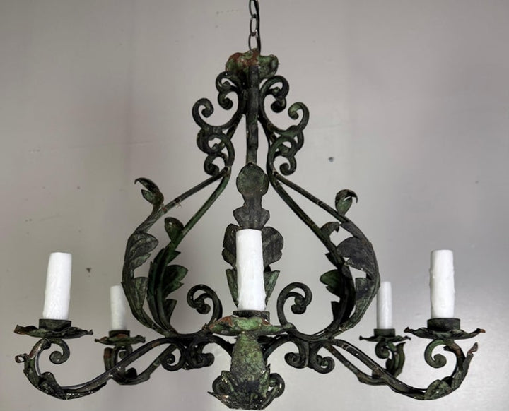 Pair of Spanish Six-Light Wrought Iron Chandeliers