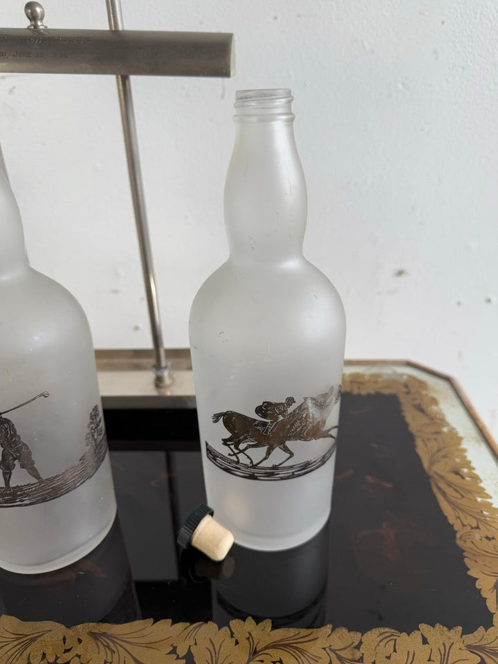 Set of Etched Polo Player Bottles in Silver Tantalus C. 1930's