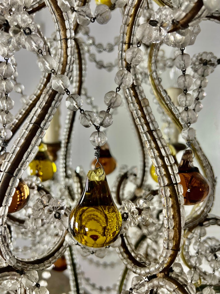 French Crystal Beaded Chandelier W/ Amber Drops, circa 1930