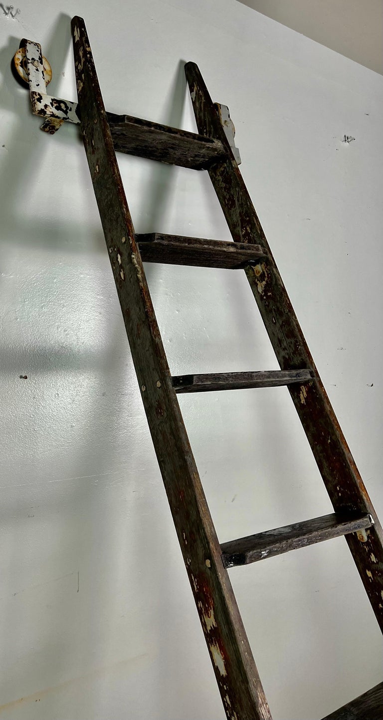 Antique Rustic Library Ladder, Iron & Wood with Distressed Patina